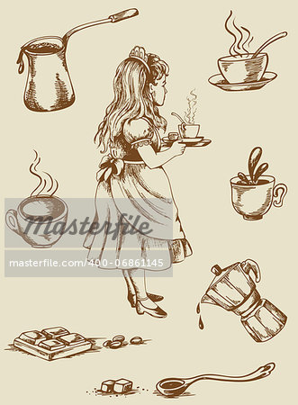 Set of vector vintage coffee and tea items