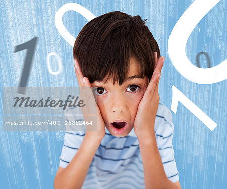 Boy standing while looking scared with numbers surround ing him