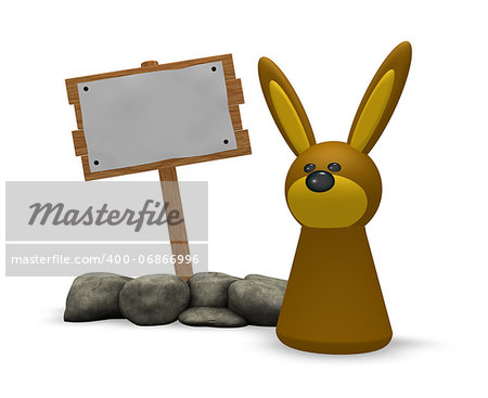 rabbit token and blank wooden sign - 3d illustration