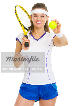 Portrait of smiling female tennis player with racket and ball