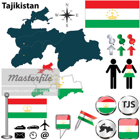 Vector of Tajikistan set with detailed country shape with region borders, flags and icons