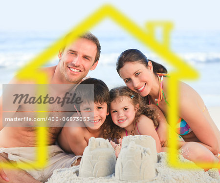 Happy family on a beach with yellow house illustration