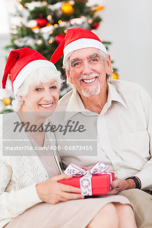 Smiling old couple swapping christmas gifts on the couch