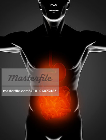 Black man with red stomach and small intestine highlighted on black background