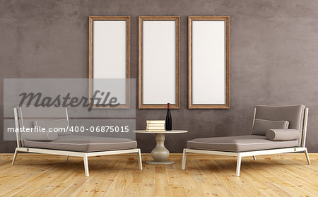 Two modern couch against grunge wall with empty frames - rendering