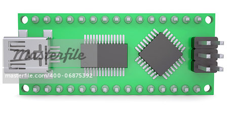 Computer board with chips and USB output. Isolated render on a white background