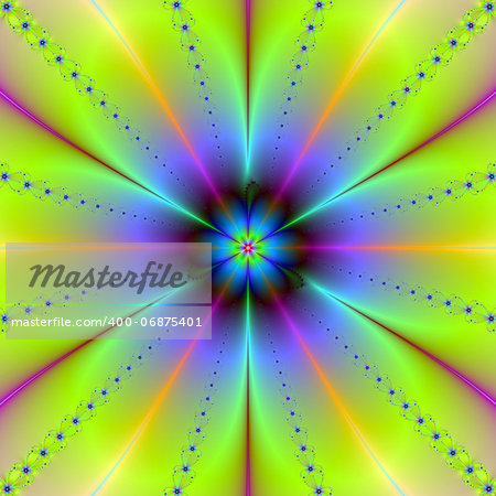 Digital abstract fractal image with a chain of flowers design in yellow, blue and green.