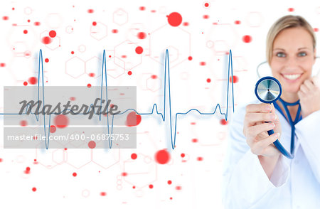 Blonde doctor holding up stethoscope to blue ECG line on red chemical formula background