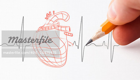 Sketch of a heart and heart rate line drawn with a pencil