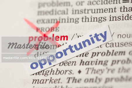 Problem definition word crossed out and replaced with opportunity in the dictionary