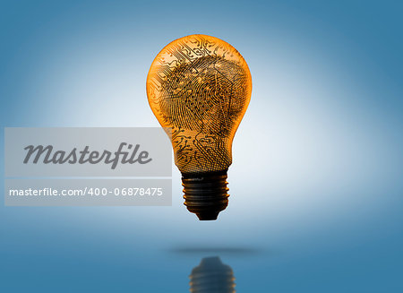 Orange circuit board light bulb against blue background