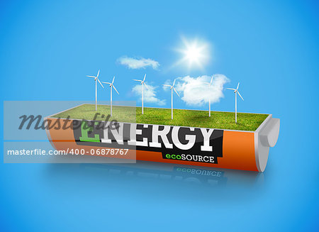 Wind turbine field in an energy saving battery on blue background