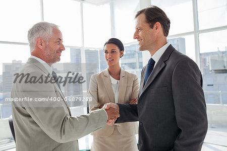 Businesswoman introducing colleagues together in their office