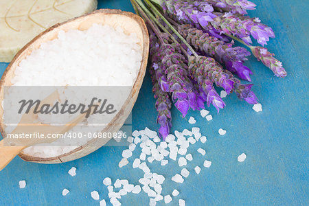 Lavender flowers  spa - fresh flowers and aromatic salt on a  table