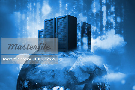 Data servers on top of the world in blue in a cloudy sky