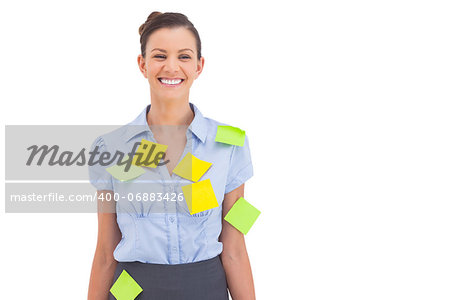 Businesswoman with adhesive notes on her shirt