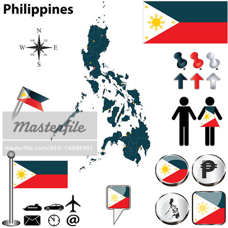 Vector of Philippines set with detailed country shape with region borders, flags and icons