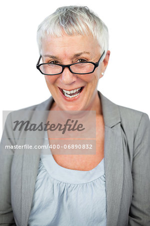 Smiling mature woman wearing glasses on white background