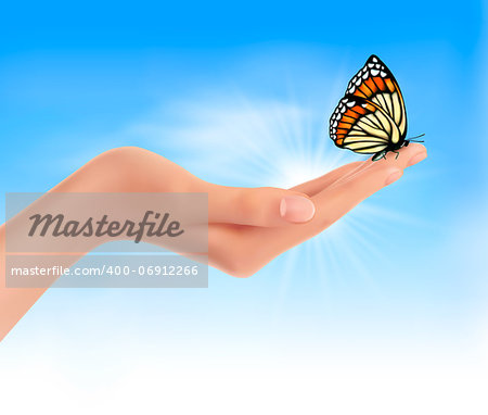 Hand holding a butterfly against a blue sky. Vector illustration.