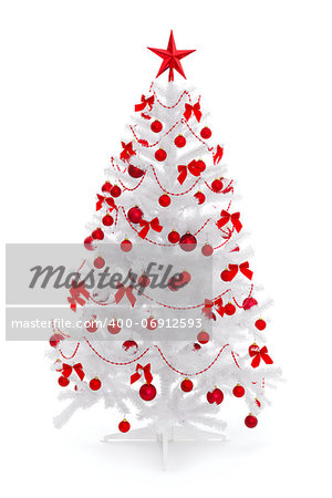 White christmas tree with red decoration, isolated on white