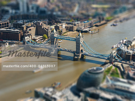 Tower Bridge and London City Hall aerial view, tilt-shift effect, England, UK