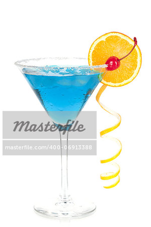 Cocktail collection - Blue martini with orange and maraschino. Isolated on white background