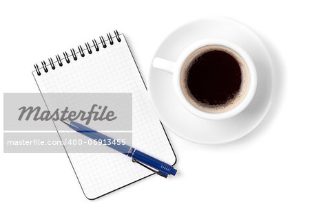 Blank organizer with pen and espresso cup. Isolated on white background