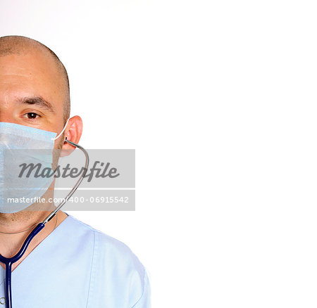 half face doctor with mask over white background