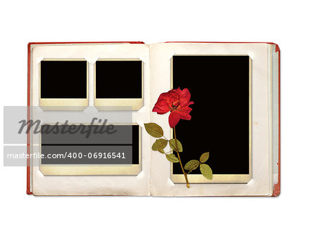 Photo album with retro photos and rose. Object isolated over white