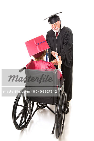 Elderly woman in wheelchair receives her degree from a college professor.  Isolated on white.