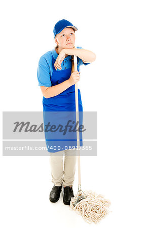 Bored teen girl in work uniform, mopping the floor.  Full body isolated on white.