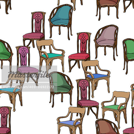 Art Nouveau colored chairs seamless pattern, hand drawn illustration of a series of chairs isolated on white