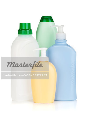Plastic bottles of cleaning products. Isolated on white background