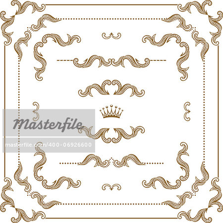 Vector set of gold decorative horizontal floral elements, corners, borders, frame, dividers, crown.  Page decoration.