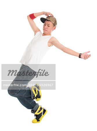 Full body funky looking Asian teen hip hop dancer dancing isolated on white background. Asian youth culture.