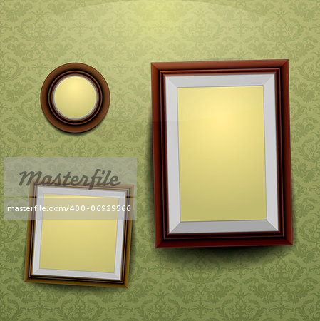 detailed illustration of different picture frames on a damask patterned wall