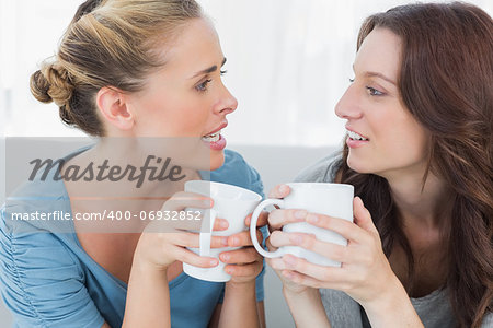 Friends talking while having coffee sitting on the sofa