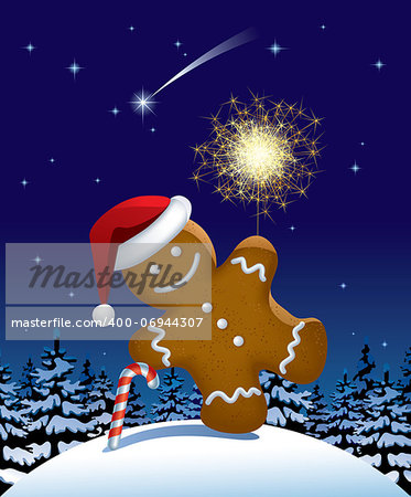 Isolated raster version of vector illustration of gingerbread man wih a sparkler in winter fir forest in the night