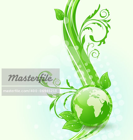 Illustration wavy background with global planet and eco green leaves - vector