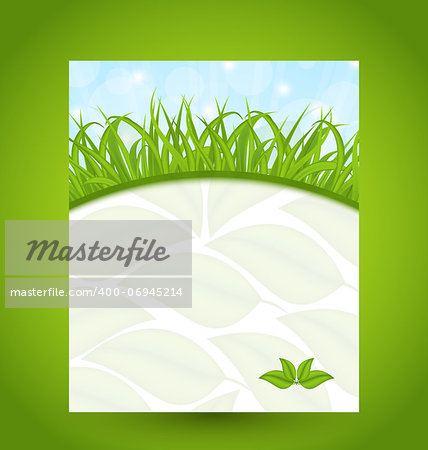 Illustration ecology card with green grass and eco leaves - vector