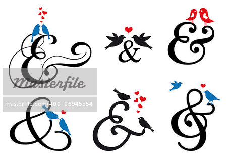 ampersand sign with cute birds, vector design elements