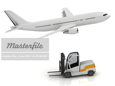 White passenger airliner and forklift isolated on a white background. Side view