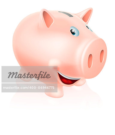 Illustration of a happy smiling cute cartoon piggy bank mascot or character