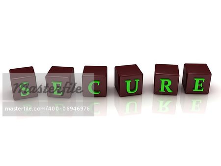 SECURE inscription in brown cubes on a white background. Image from the same footage