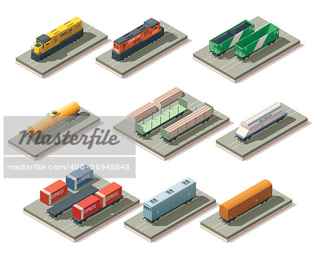 Set of the isometric locomotives and different cars for isometric map creation