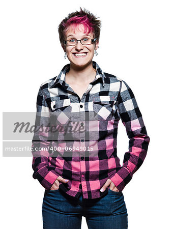 Portrait of a young stylish expressive toothy  smiling woman standing in studio on white isolated background