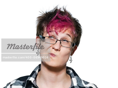 portrait of woman thinking pensive looking up doubtful making a face in studio on white isolated background