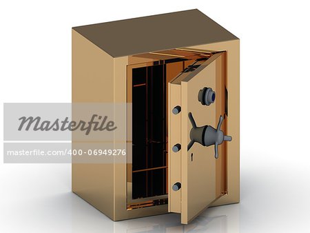 Golden safe with the door open on a white background