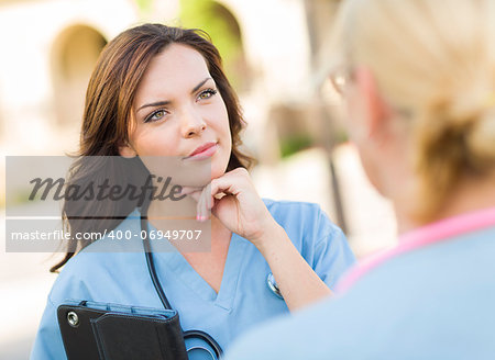 Two Young Adult Professional Female Doctors or Nuses Talking Outside.