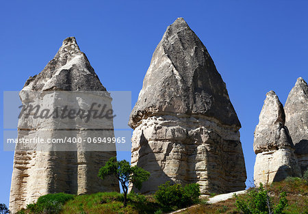 Fairy chimneys rock formations. View of Cappadocia. Turkey, Goreme.